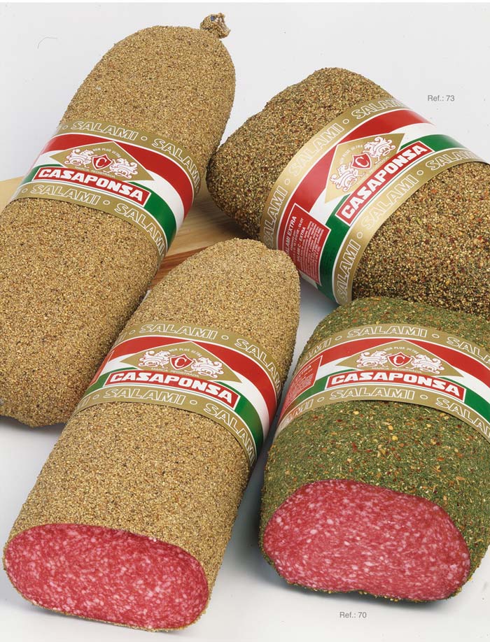 Tunnel-shaped pepper or fine-herb-coated salami