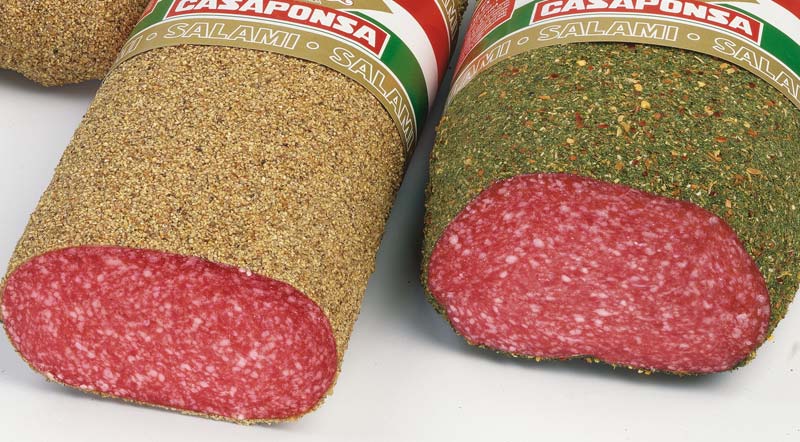 Tunnel-shaped pepper or fine-herb-coated salami